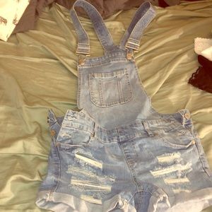 Ripped jean short overalls